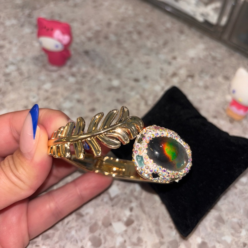 Gold Leaf Cuff Bracelet with Iridescent Gem
